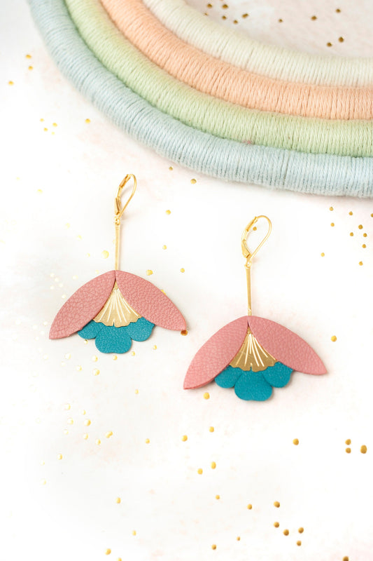 Pink and duck blue Ginkgo Flower earrings
