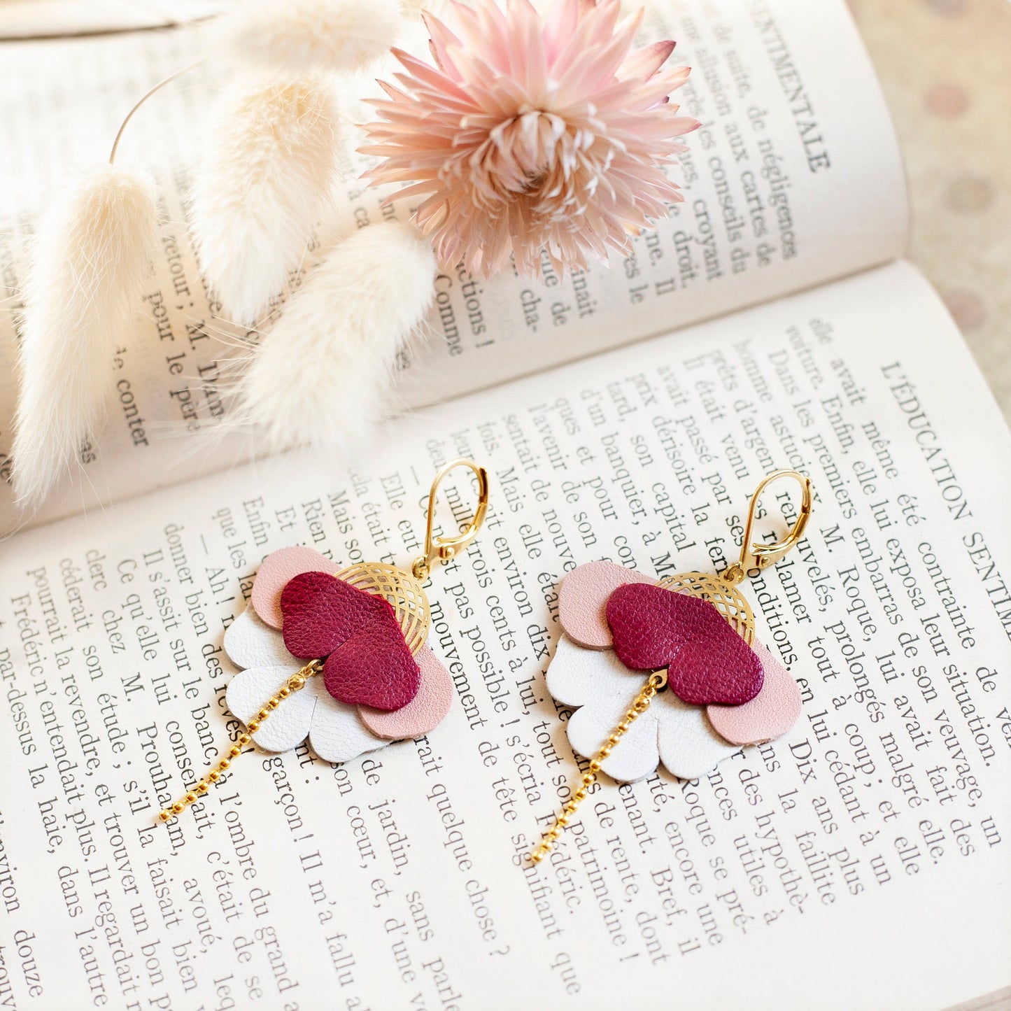 Orchid earrings in red, pink and white leather