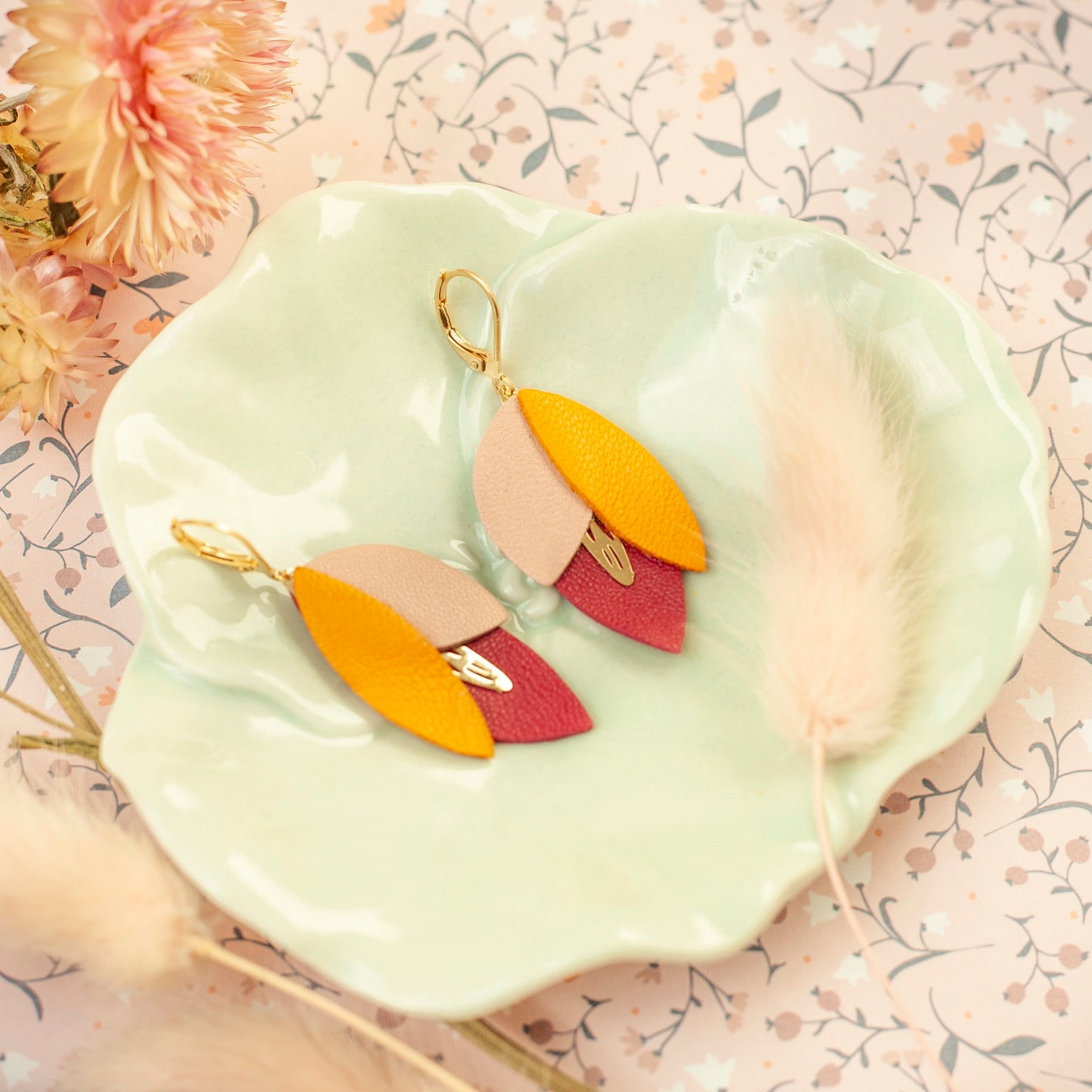 Flower earrings in orange, red and pink leather