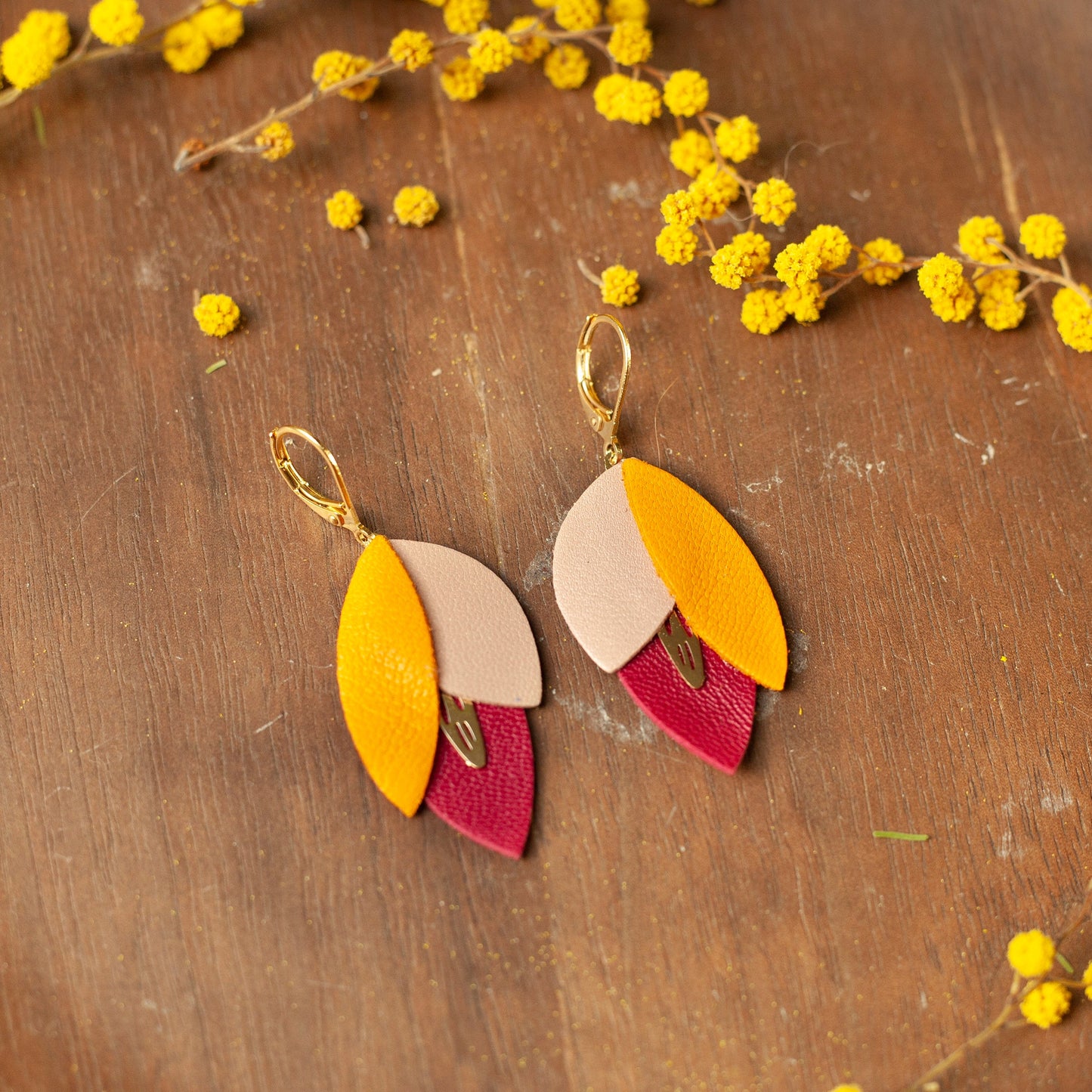 Flower earrings in orange, red and pink leather