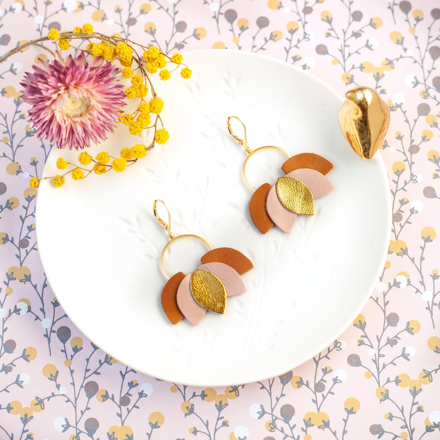 Water lily earrings, caramel pink gold leather