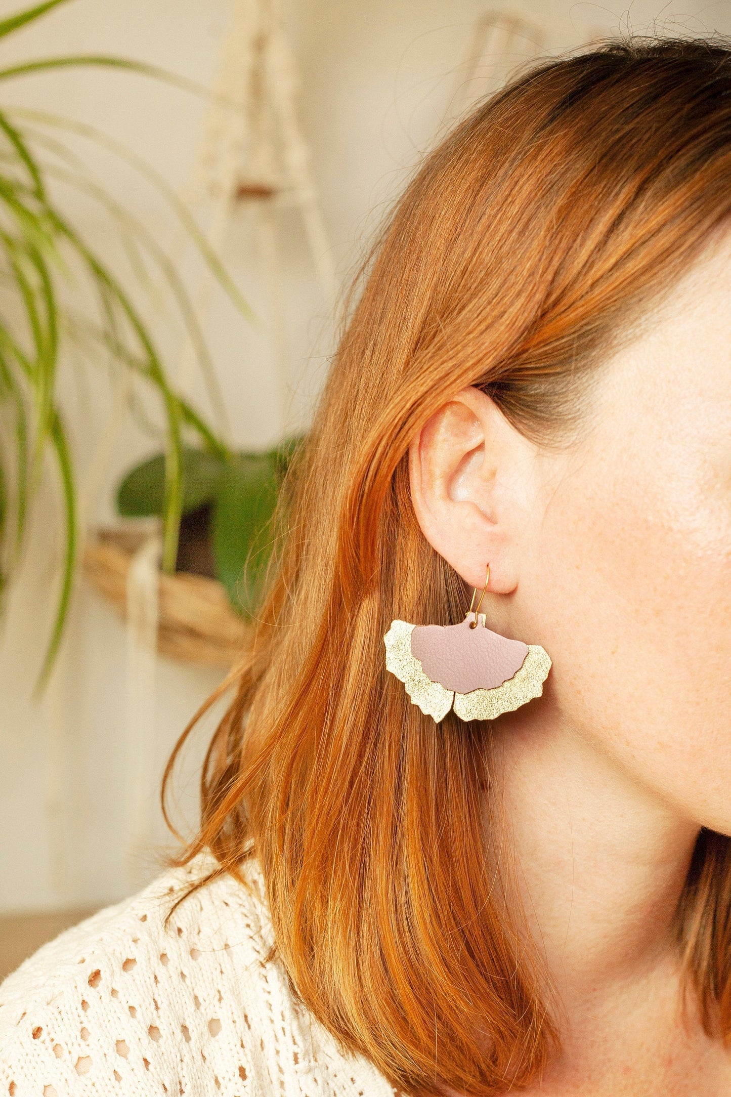 Ginkgo leaf earrings in gold and pink leather