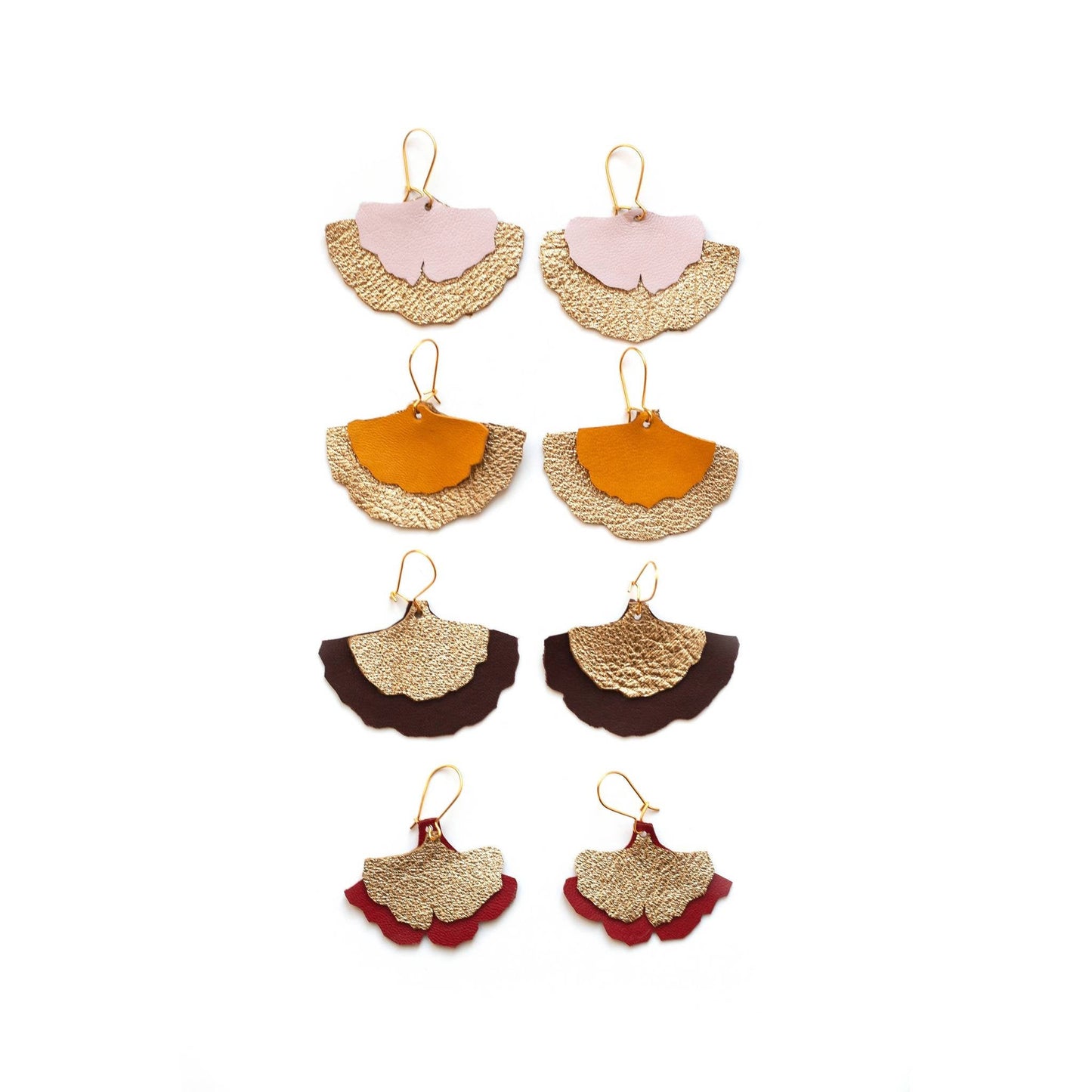 Ginkgo leaf earrings in gold and pink leather