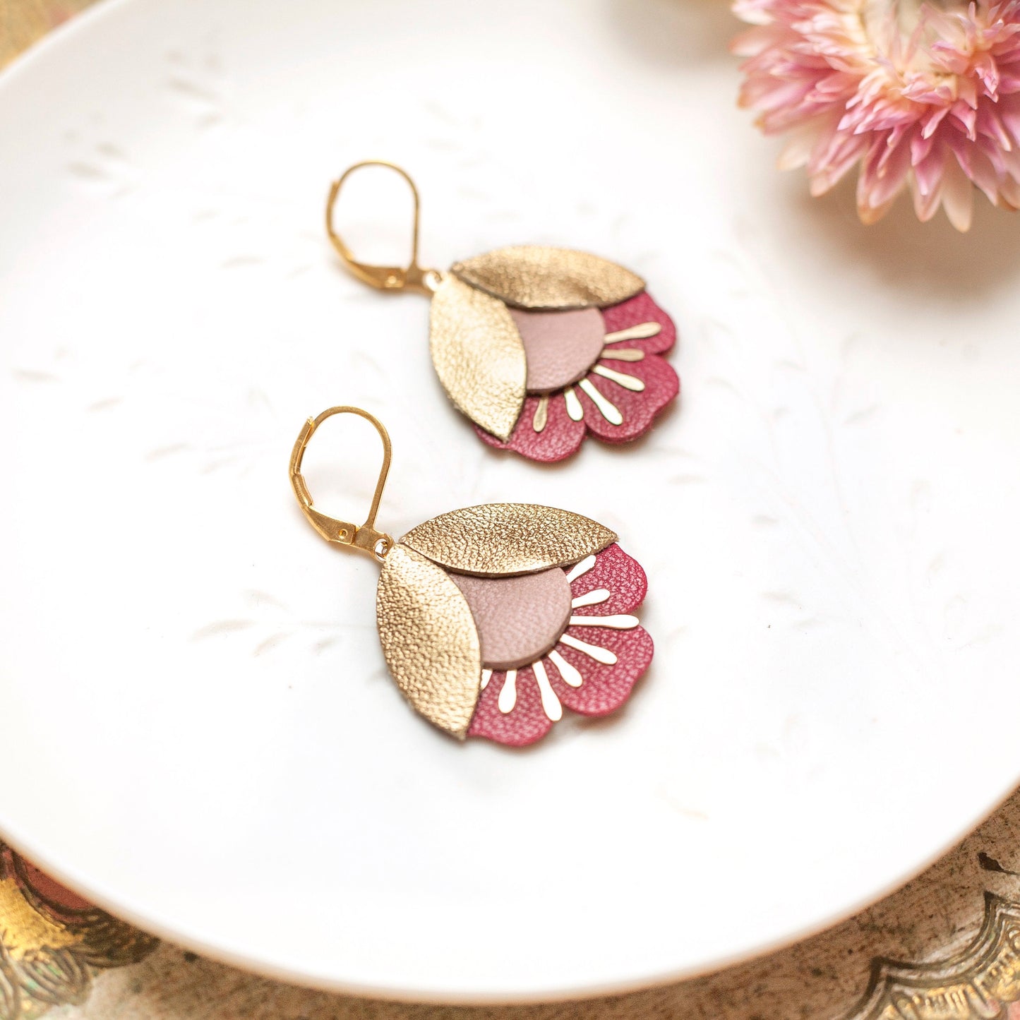 Cherry blossom earrings in pink and plum gold leather