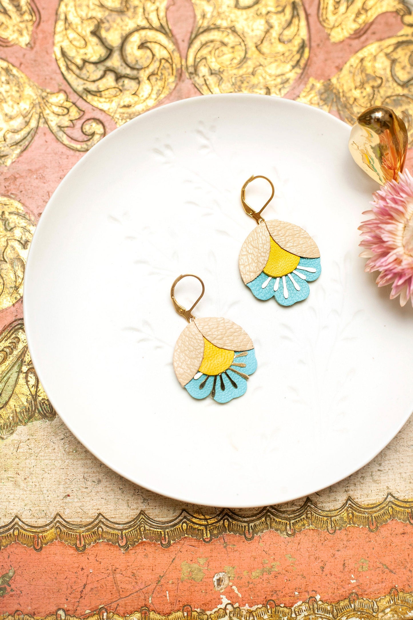 Beige yellow and azure blue cherry blossom earrings