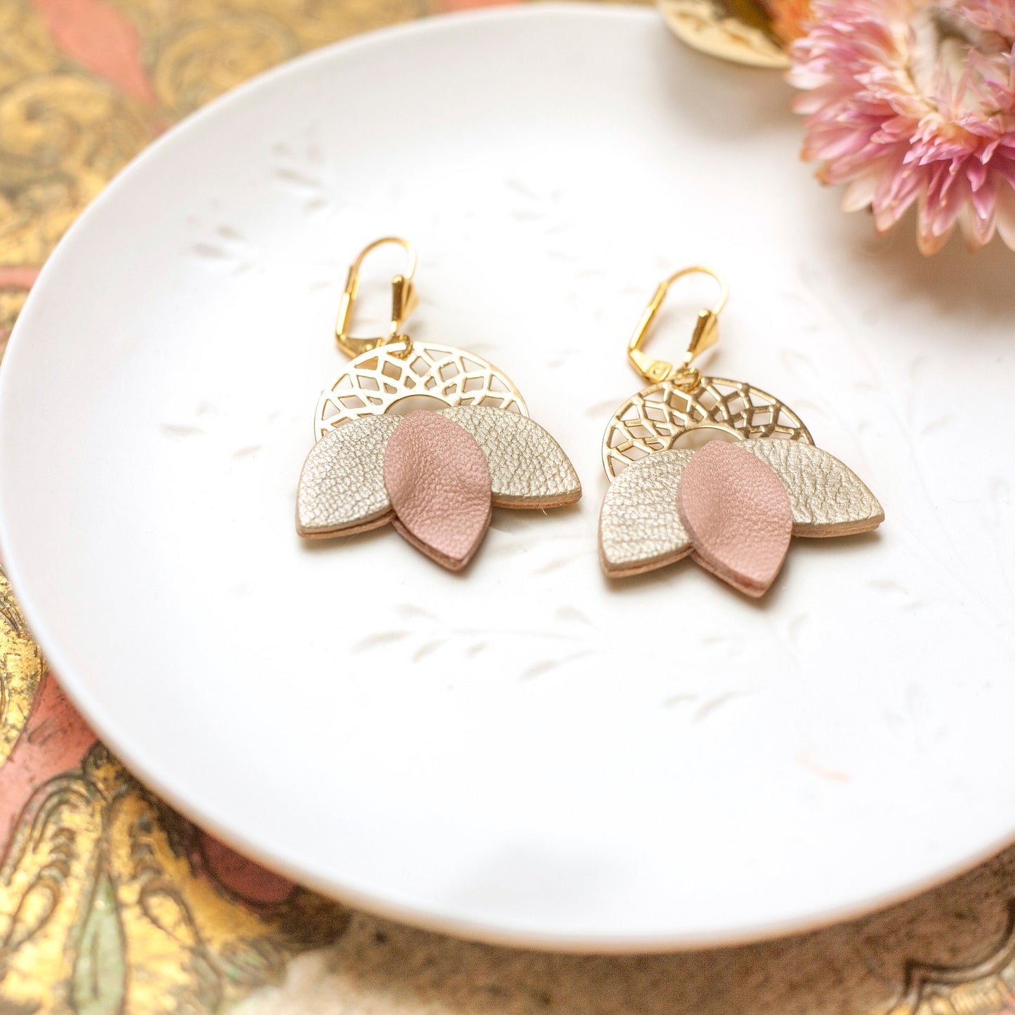 Matte pink and gold leather rosette earrings