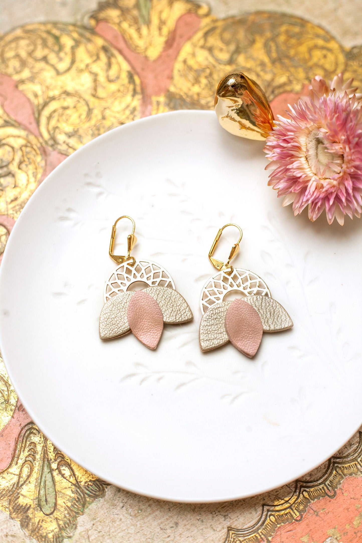 Matte pink and gold leather rosette earrings