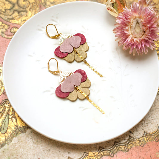 Orchideen-Ohrringe aus lila-rosa und bronzefarbenem Leder
