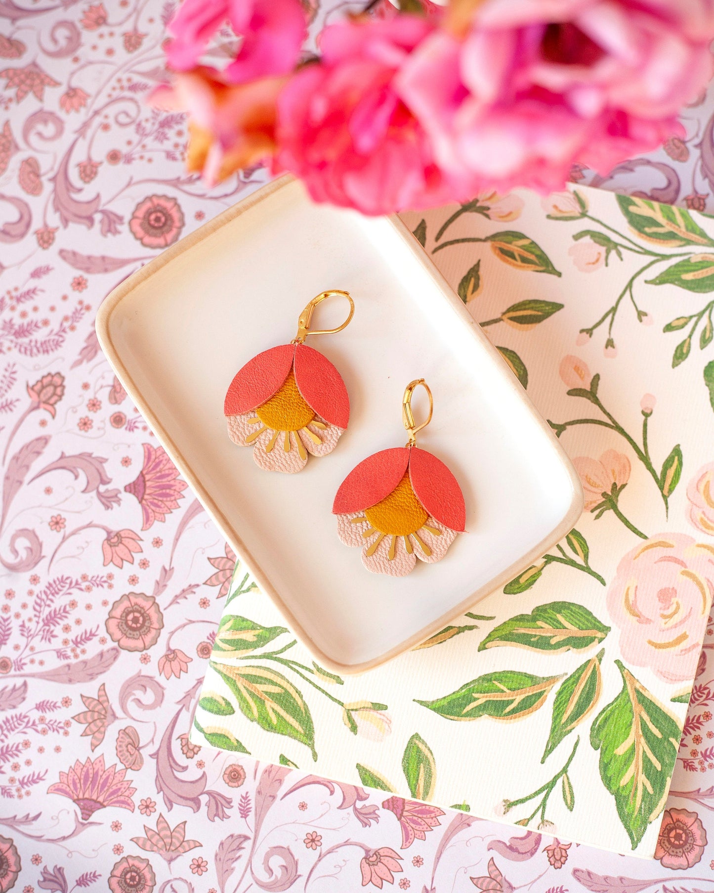 Cherry blossom earrings in coral yellow pink leather