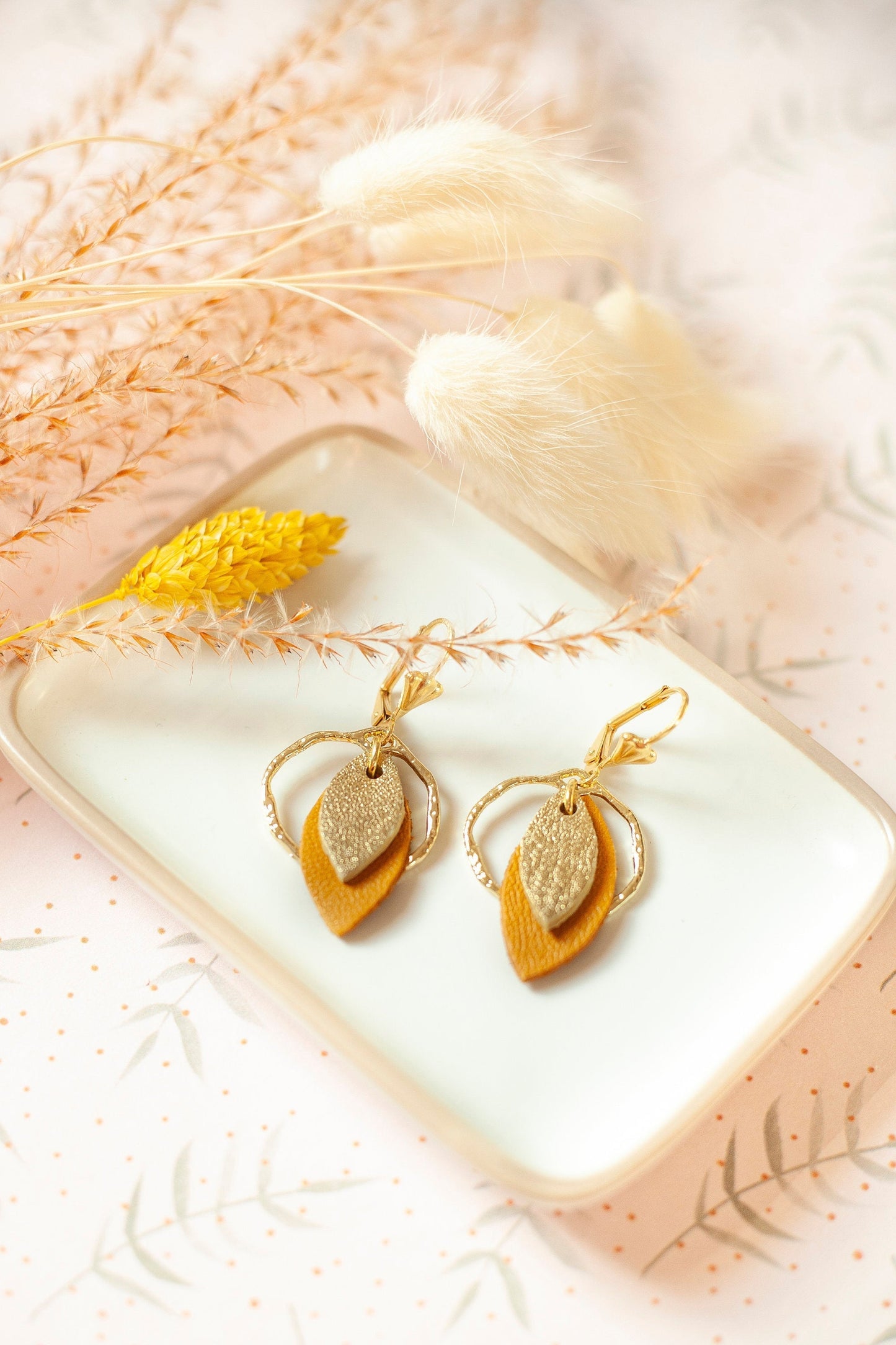 Mustard yellow and gold leather earrings