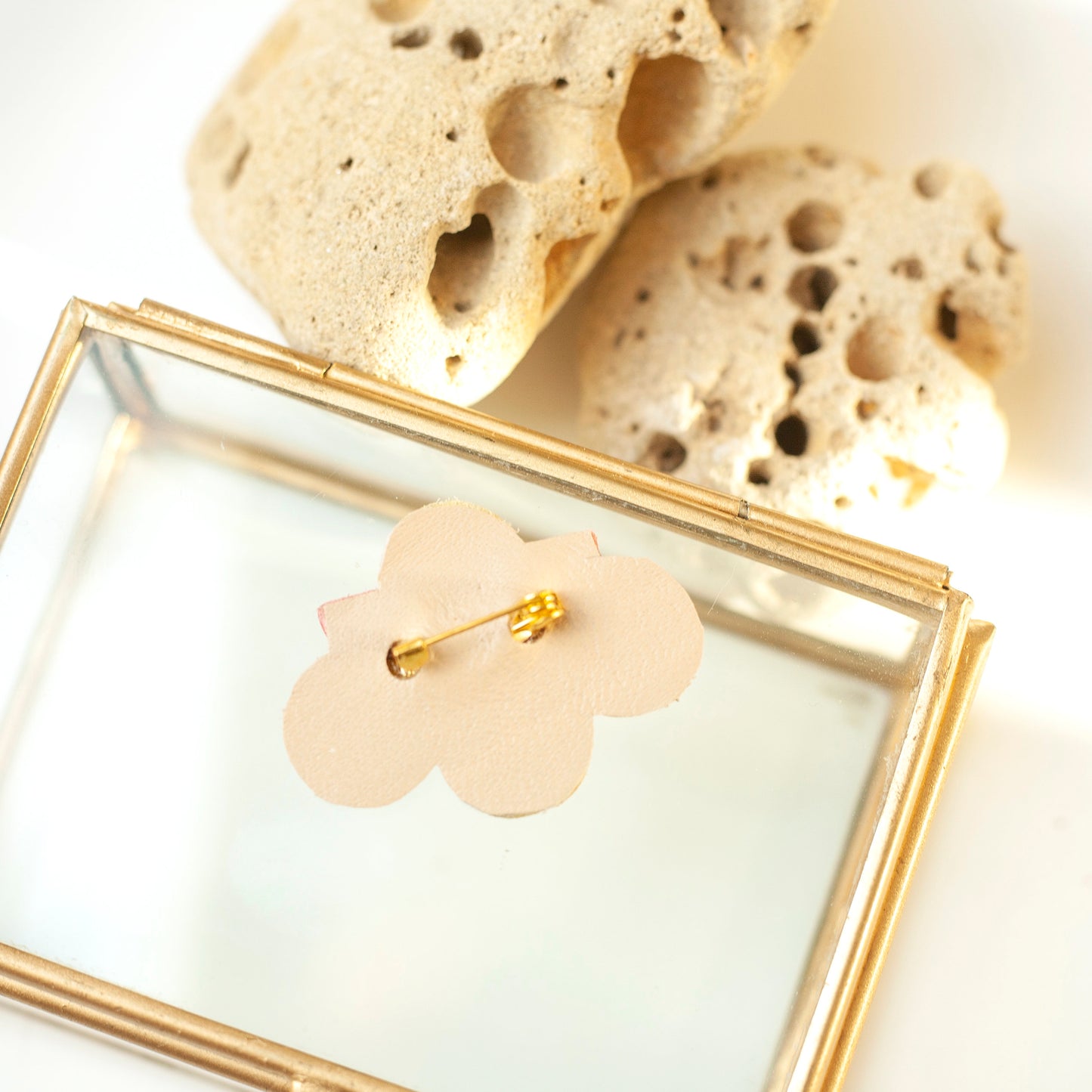 Pink blue turquoise and gold leather flower brooch