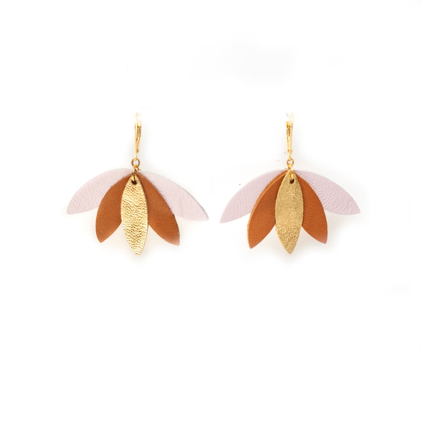 Palm tree earrings gold brown pink leather