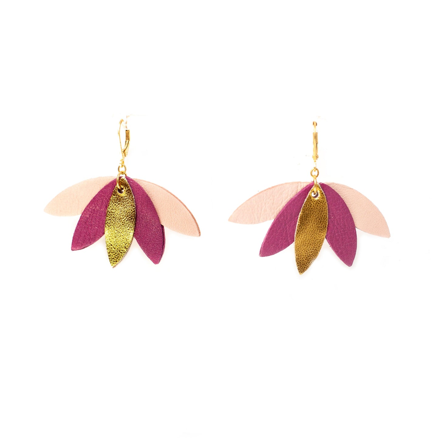 Palm tree earrings in golden pink plum leather