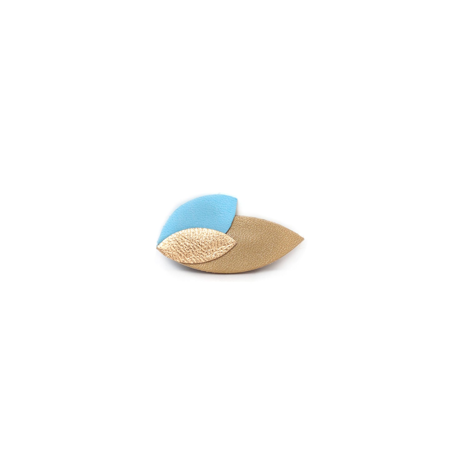 Leaf brooch in golden blue and bronze leather
