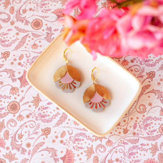 Cherry Blossom earrings in pink gold and gray leather