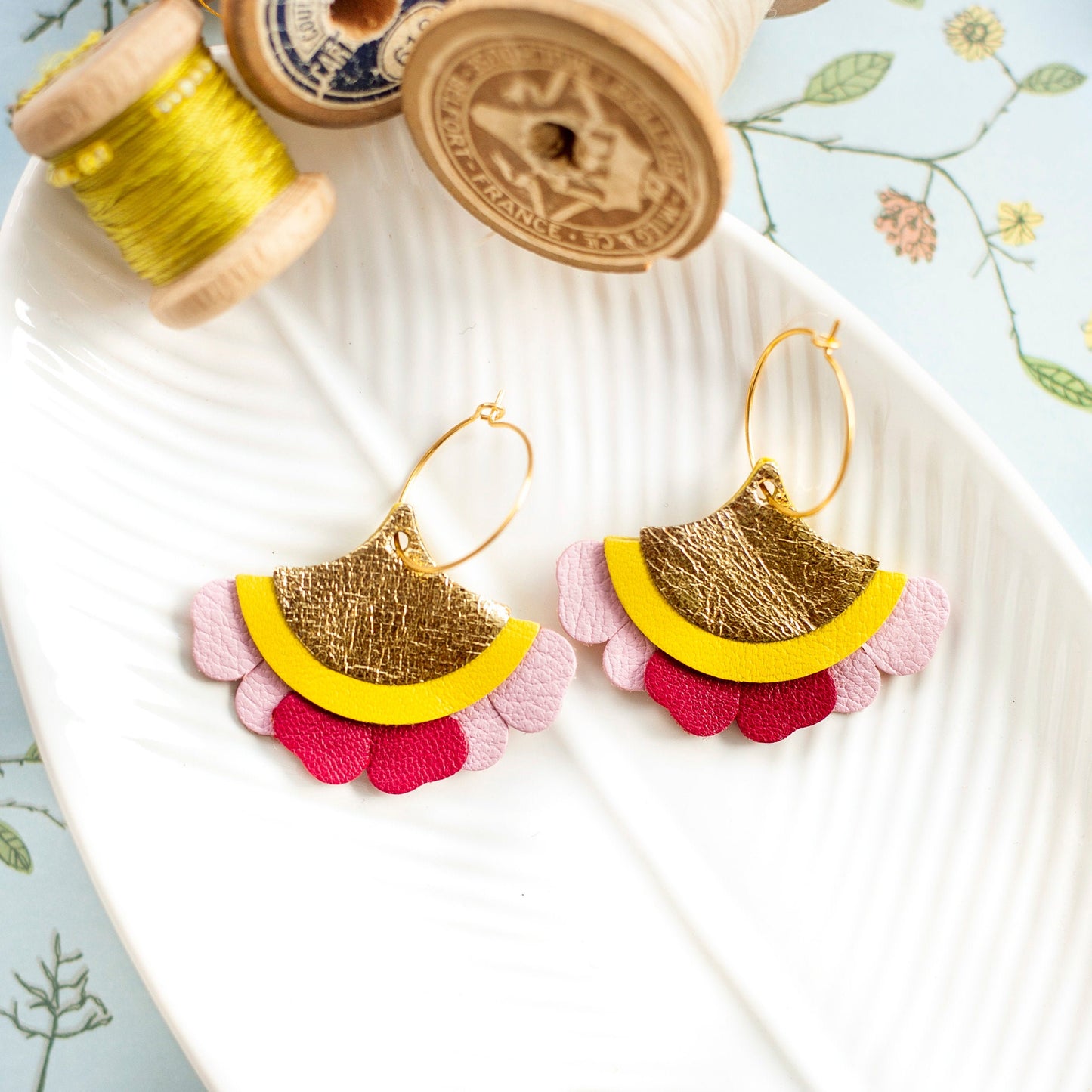 Gold yellow, pink and red leather fan earrings