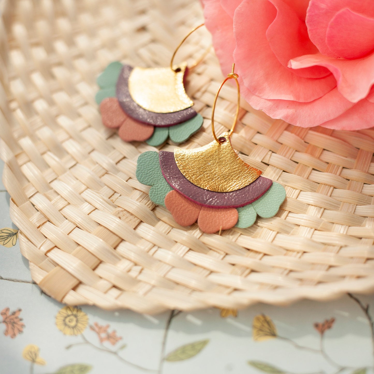 Fan earrings in pink, turquoise, mauve and gold leather