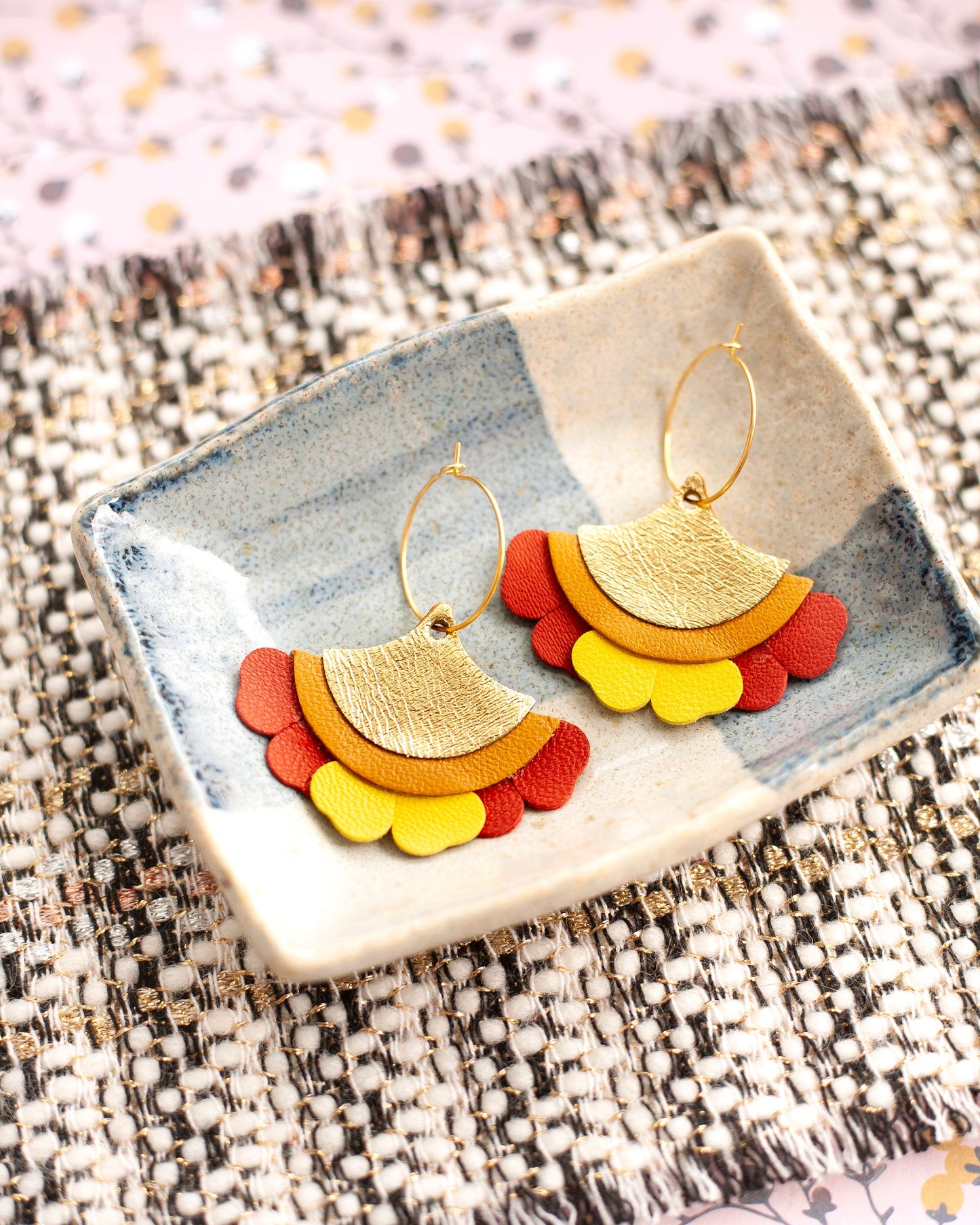 Fan earrings red orange yellow and gold