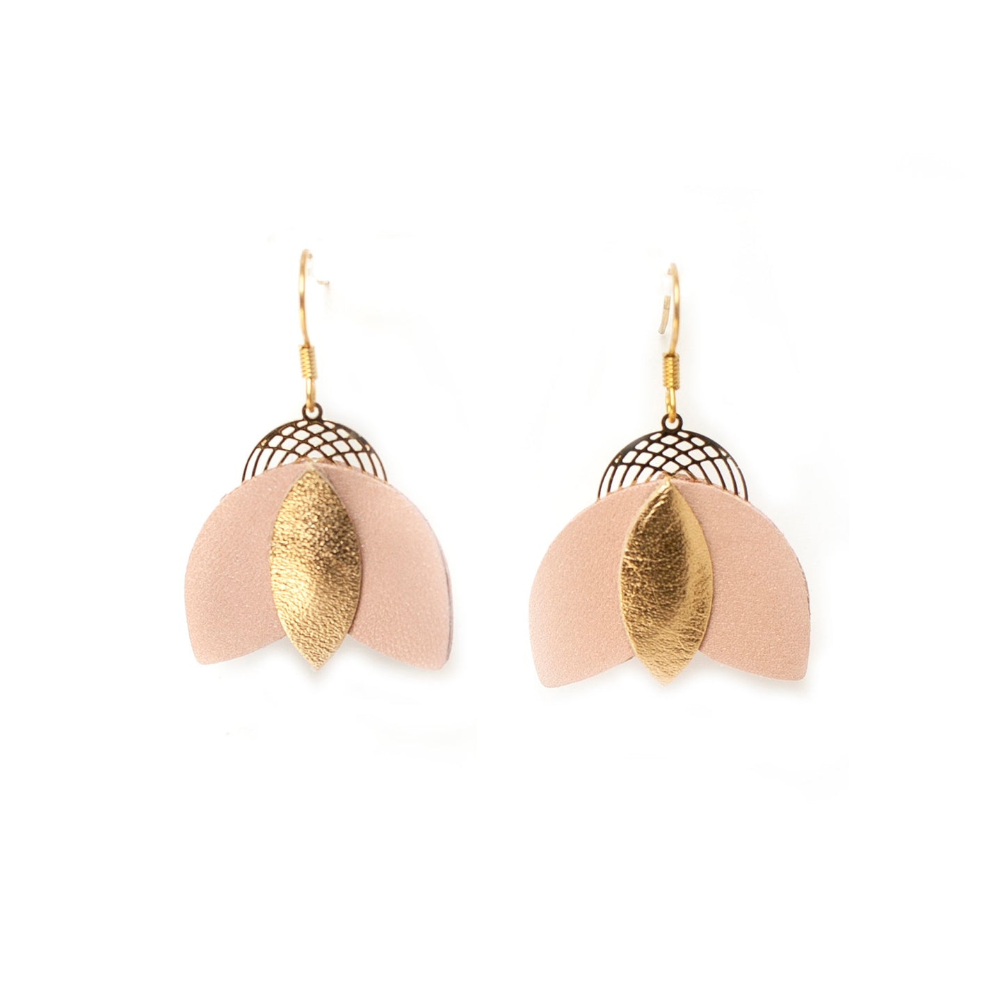 Cigale-Ohrringe aus rosa und goldenem Leder