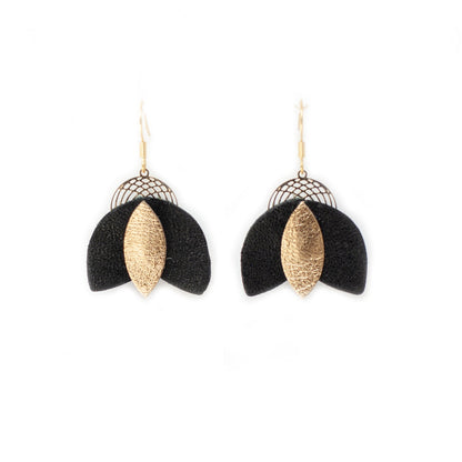 Boucles d’oreilles Cigales en cuir noir et doré