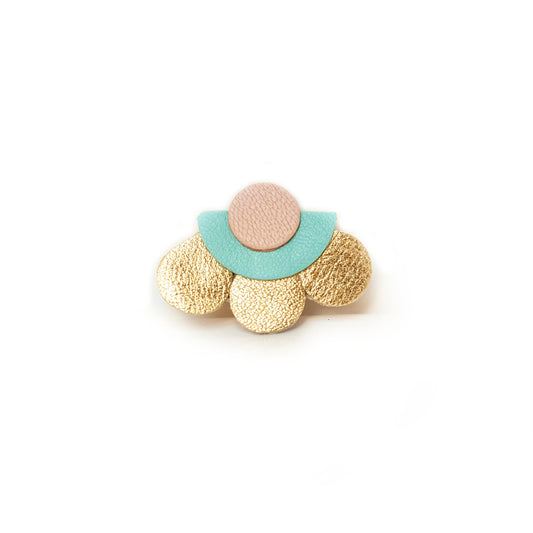 Pink blue turquoise and gold leather flower brooch