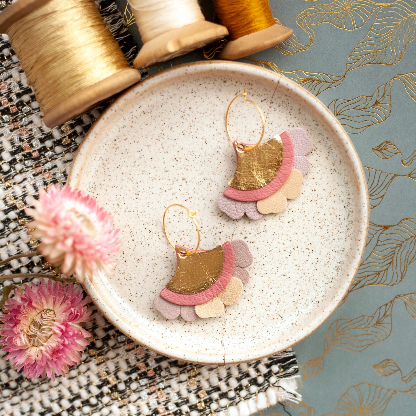 Fan earrings in pink mauve beige and gold leather