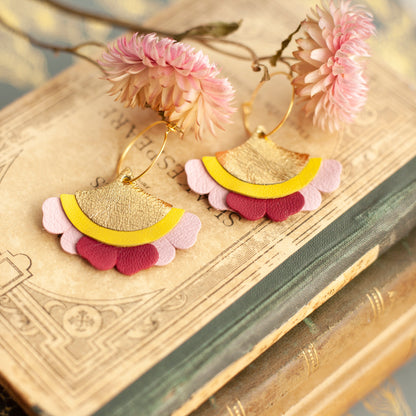 Boucles d'oreilles Eventails rouge orange jaune et doré