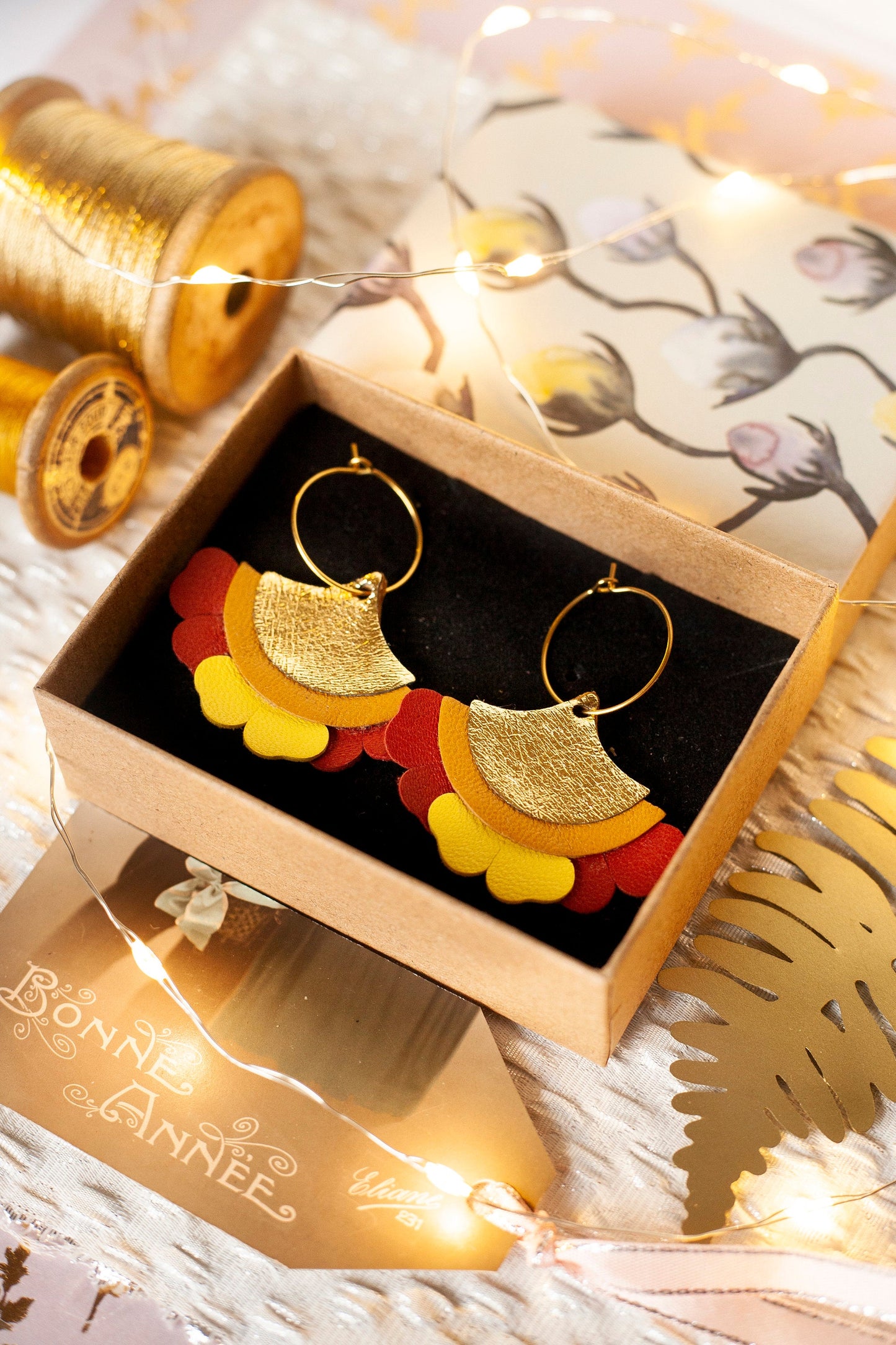 Fan earrings red orange yellow and gold
