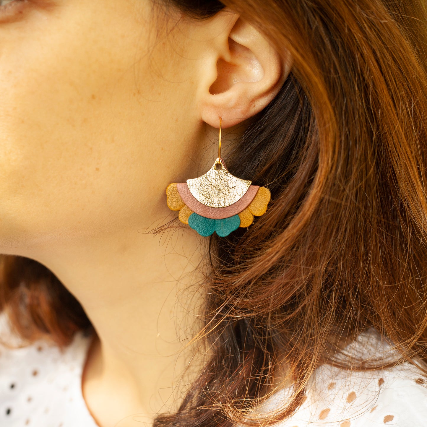 Gold yellow, pink and red leather fan earrings