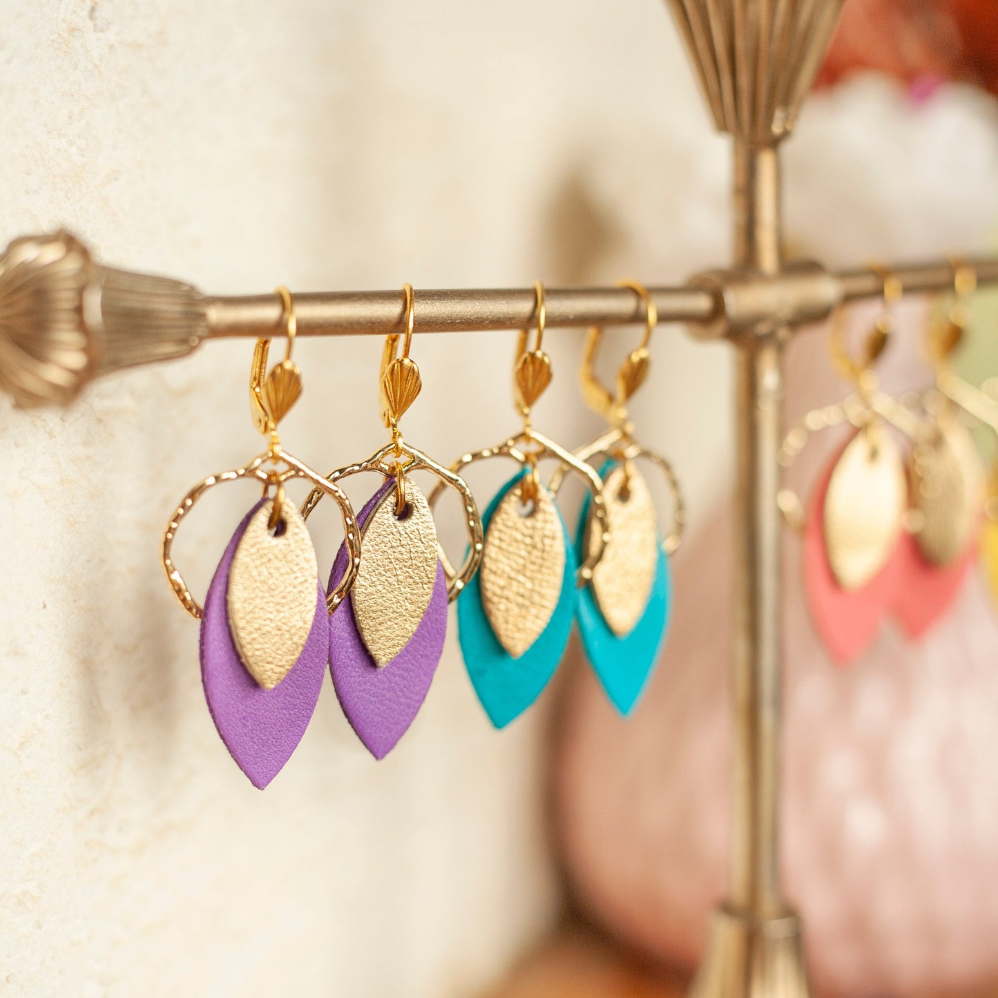 Purple and gold leather hoop earrings