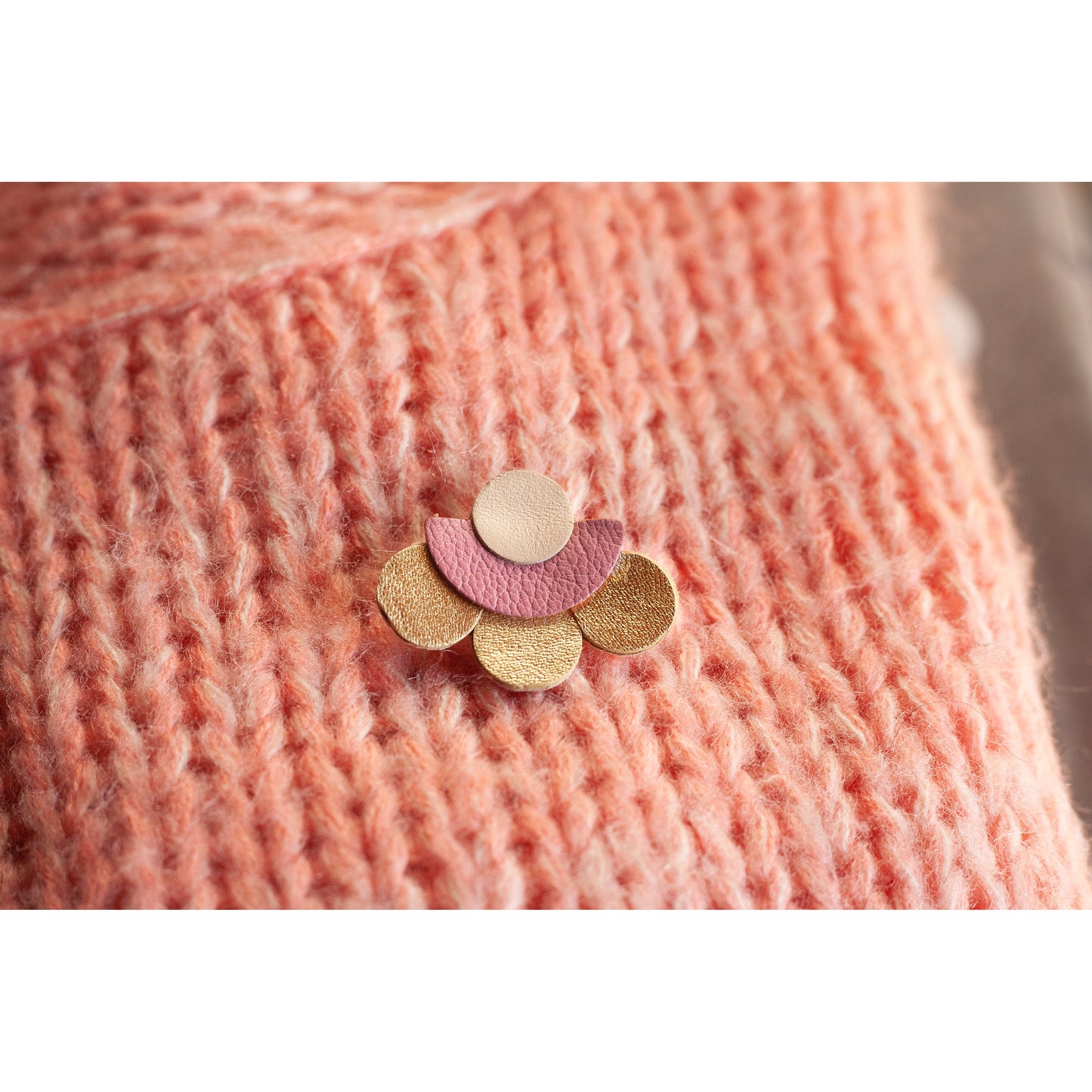 Beige, pink and gold leather flower brooch