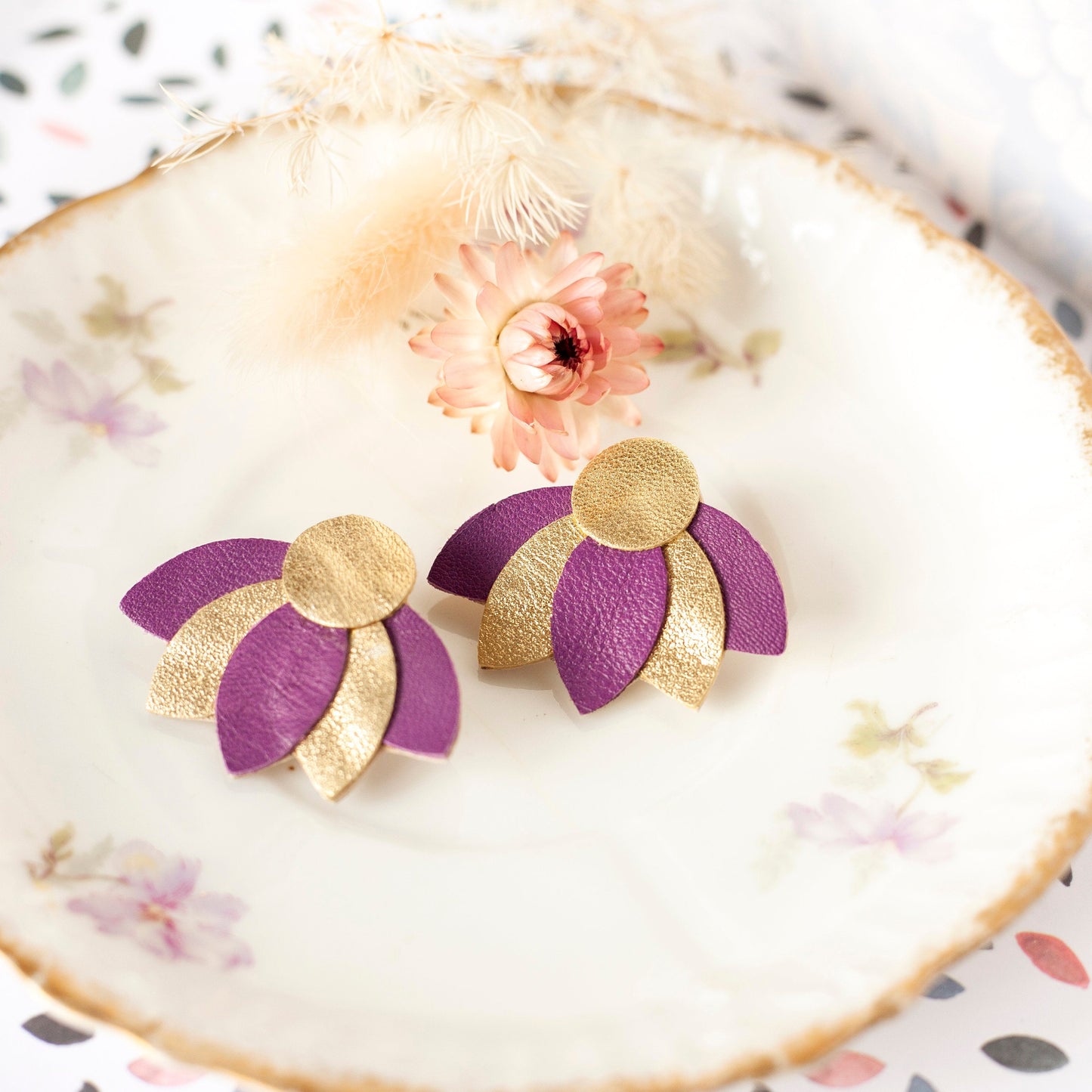 Flower earrings with gold and purple leather petals