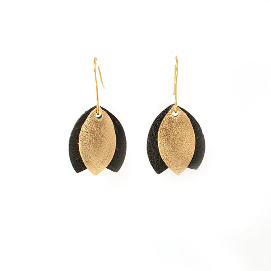 Tulip earrings in black and gold leather
