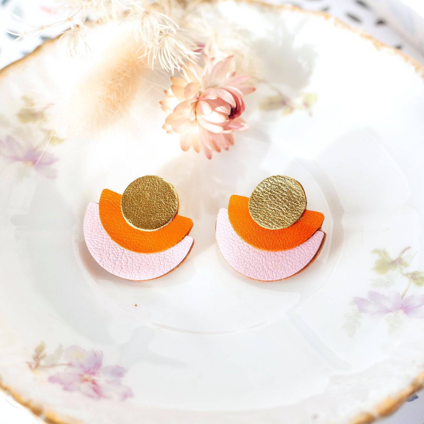 Orange and pink gold leather stud earrings