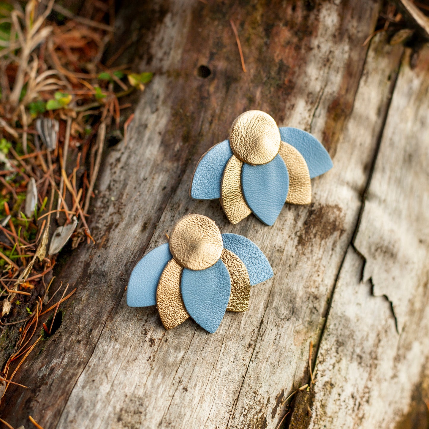 Water lily earrings in blue and gold leather