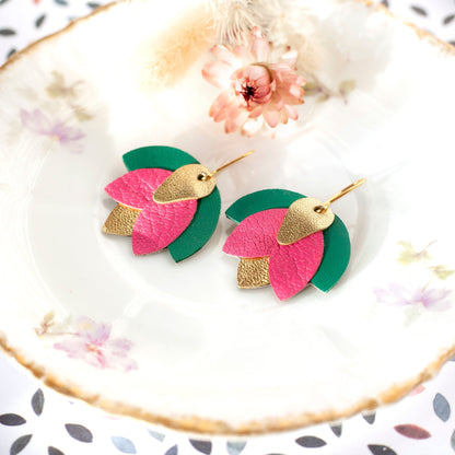 Boucles d'oreilles fleurs Fuchsia doré vert