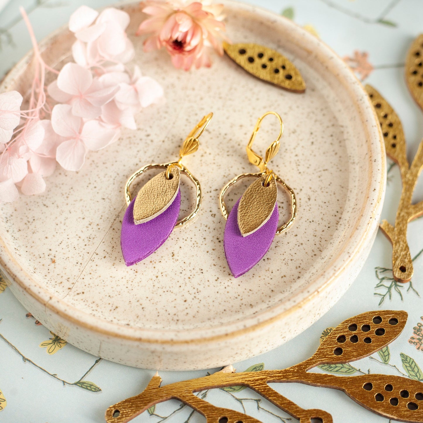 Purple and gold leather hoop earrings
