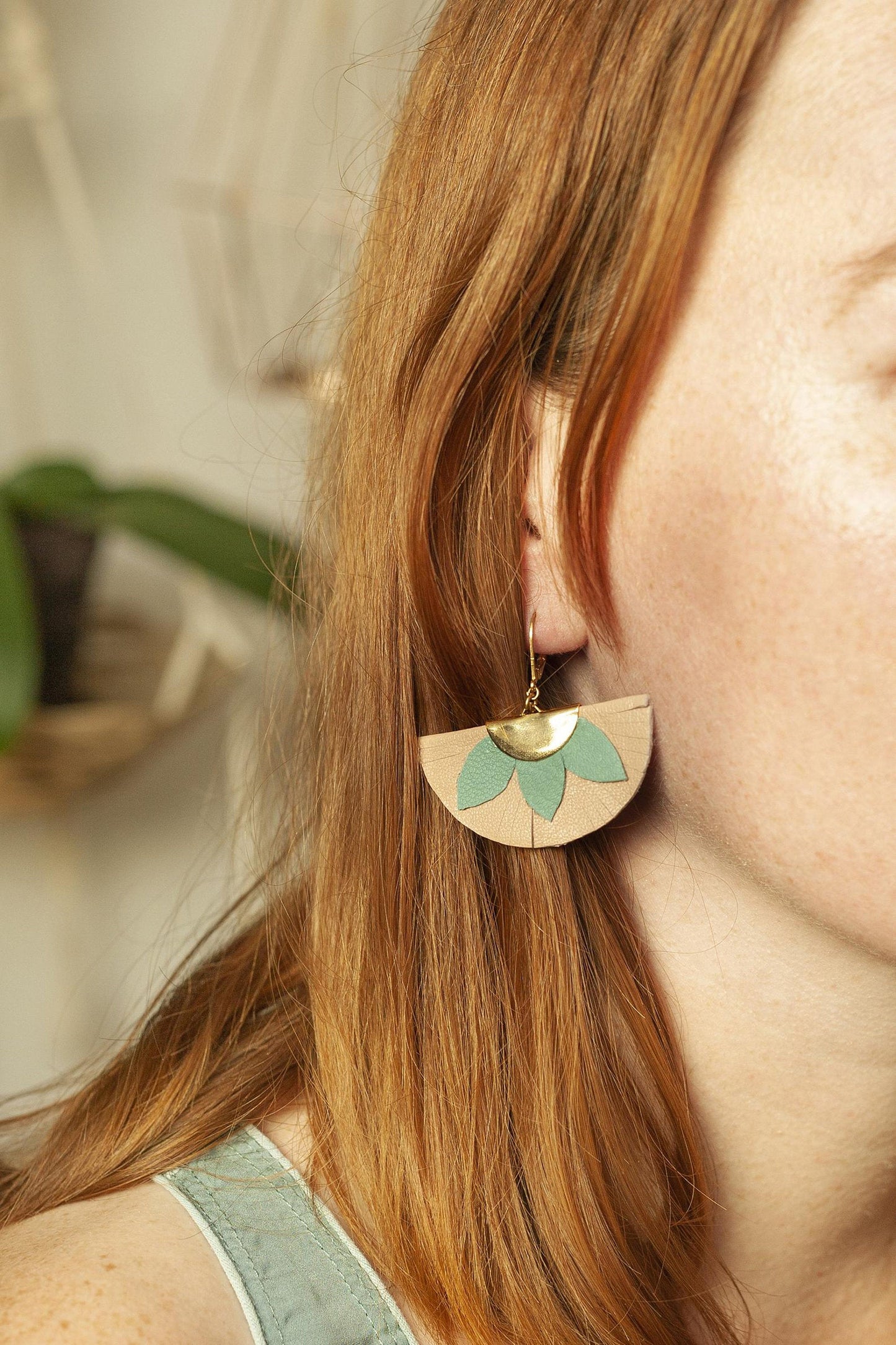 Pink and green leather half-circle earrings