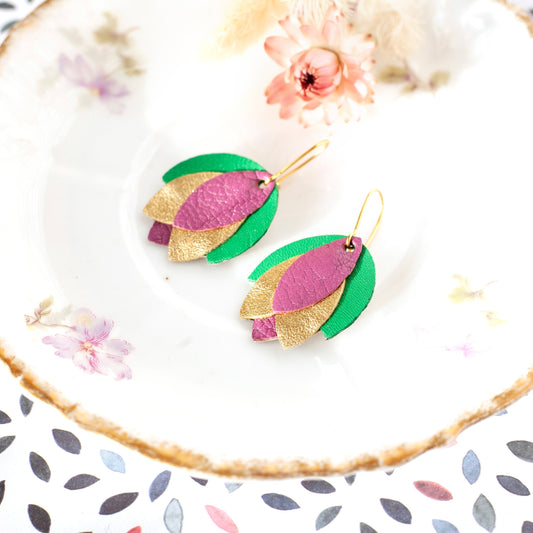 Fleur d'Iris purple gold green leather earrings