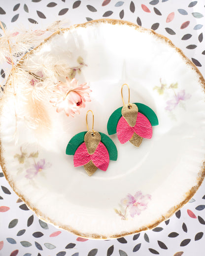 Boucles d'oreilles fleurs Fuchsia doré vert