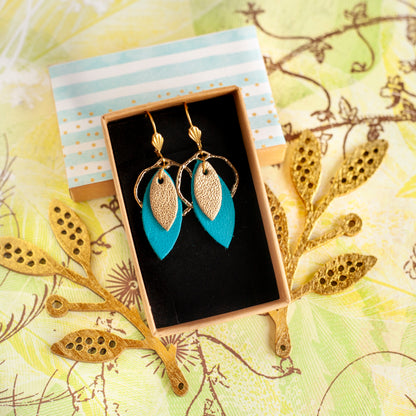 Boucles d'oreilles cuir bleu canard et doré