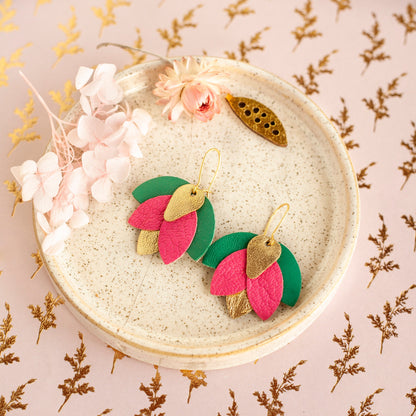 Boucles d'oreilles fleurs Fuchsia doré vert