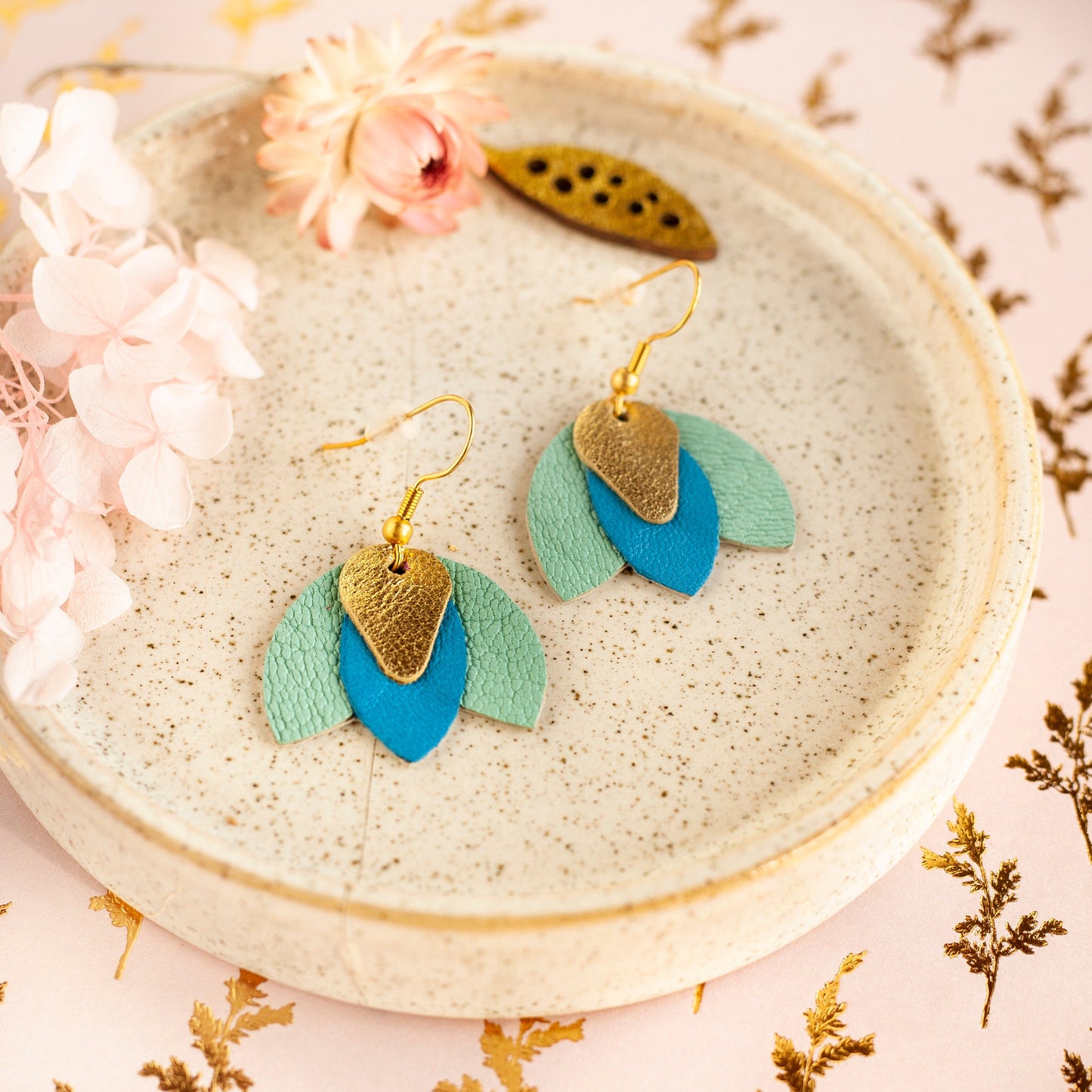 Blue leather and gold flower “Gentiane” earrings