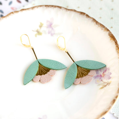 Boucles d'oreilles Fleur de Ginkgo aquamarine et rose