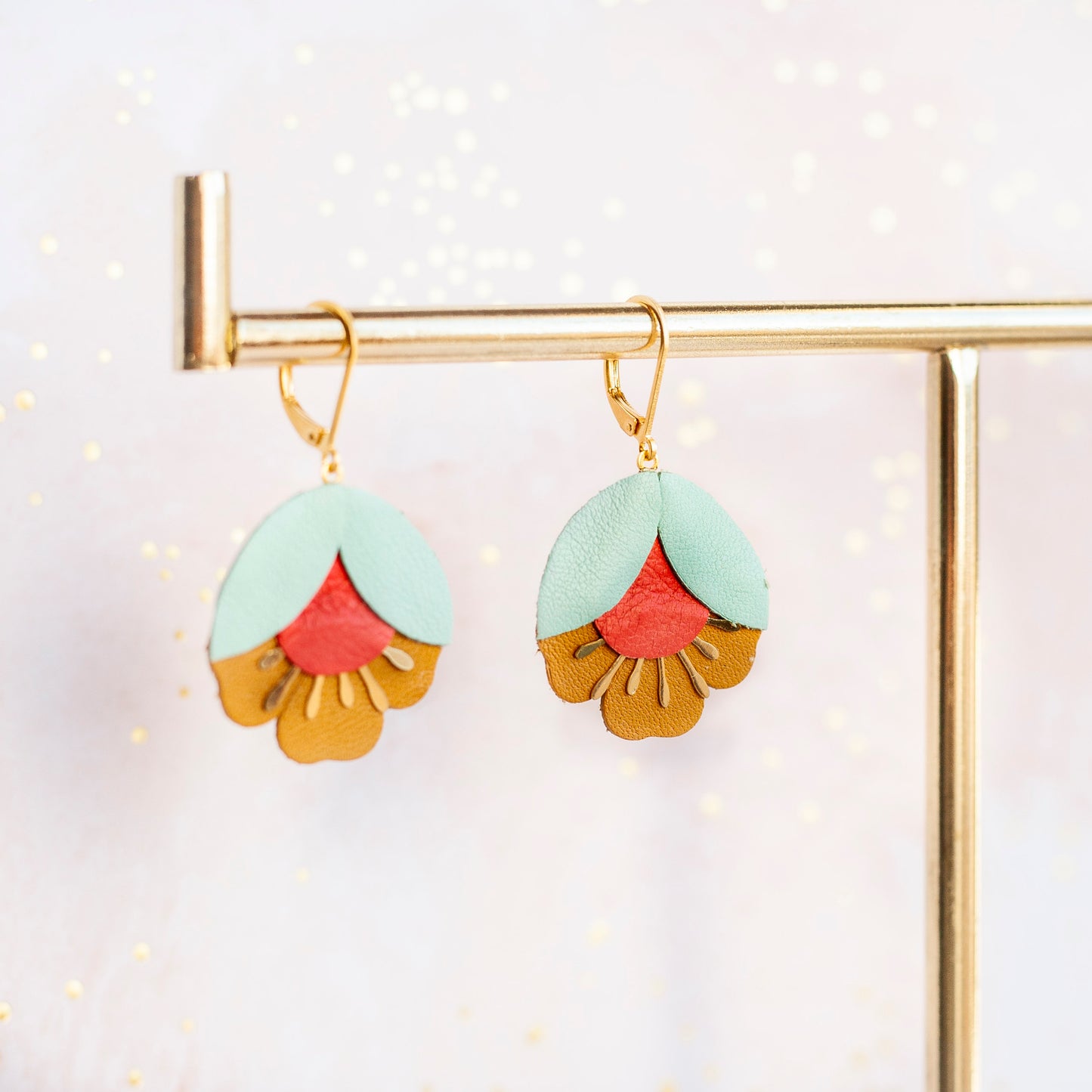 Mint green, red and ocher yellow cherry blossom earrings