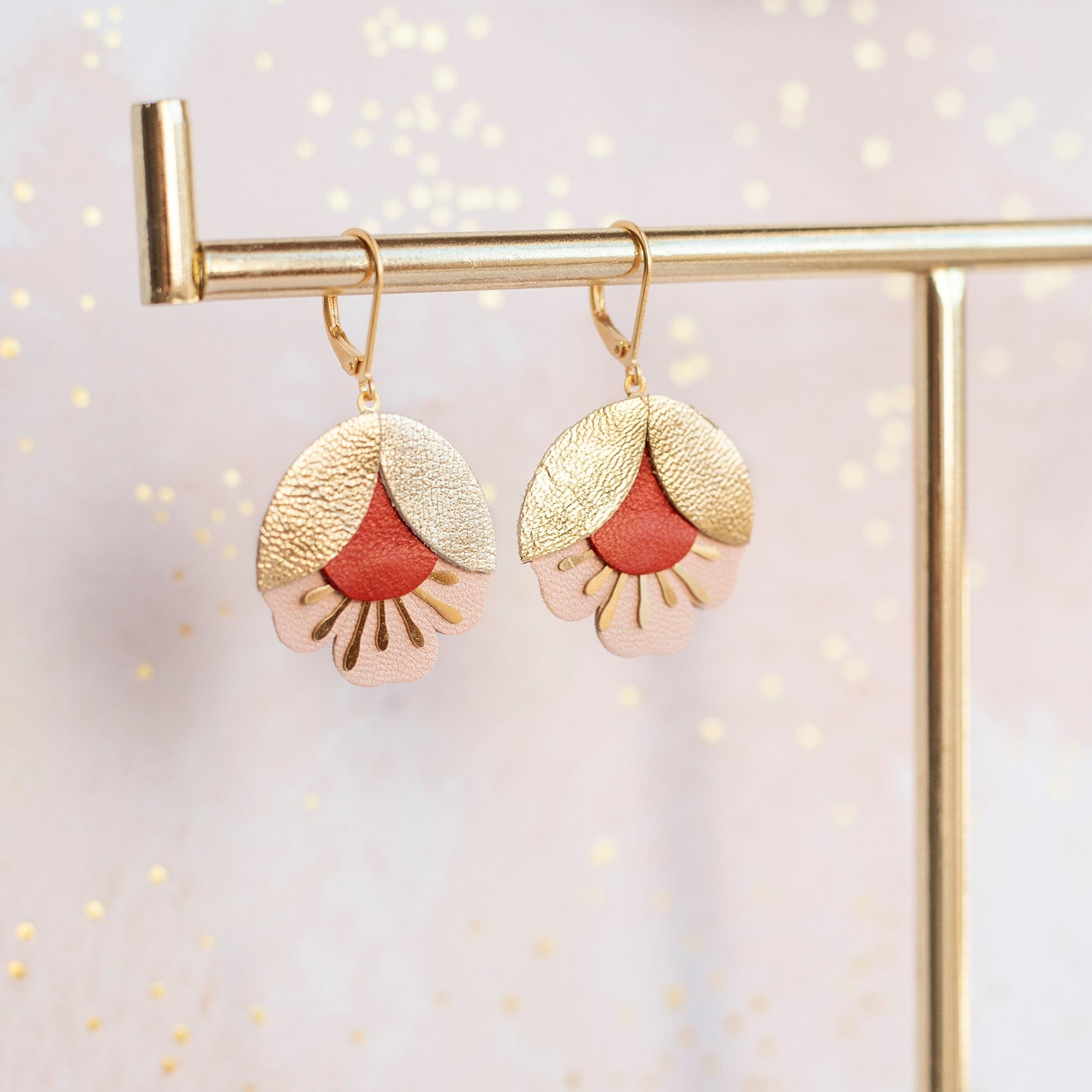 Cherry blossom earrings in red and pink gold leather