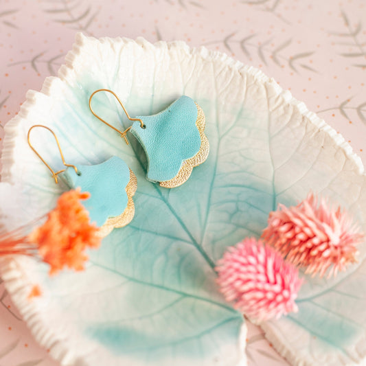 Ginkgo Biloba earrings in celestial blue and gold leather