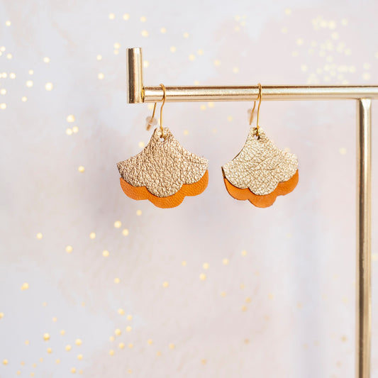 Ginkgo Biloba earrings in gold and orange leather