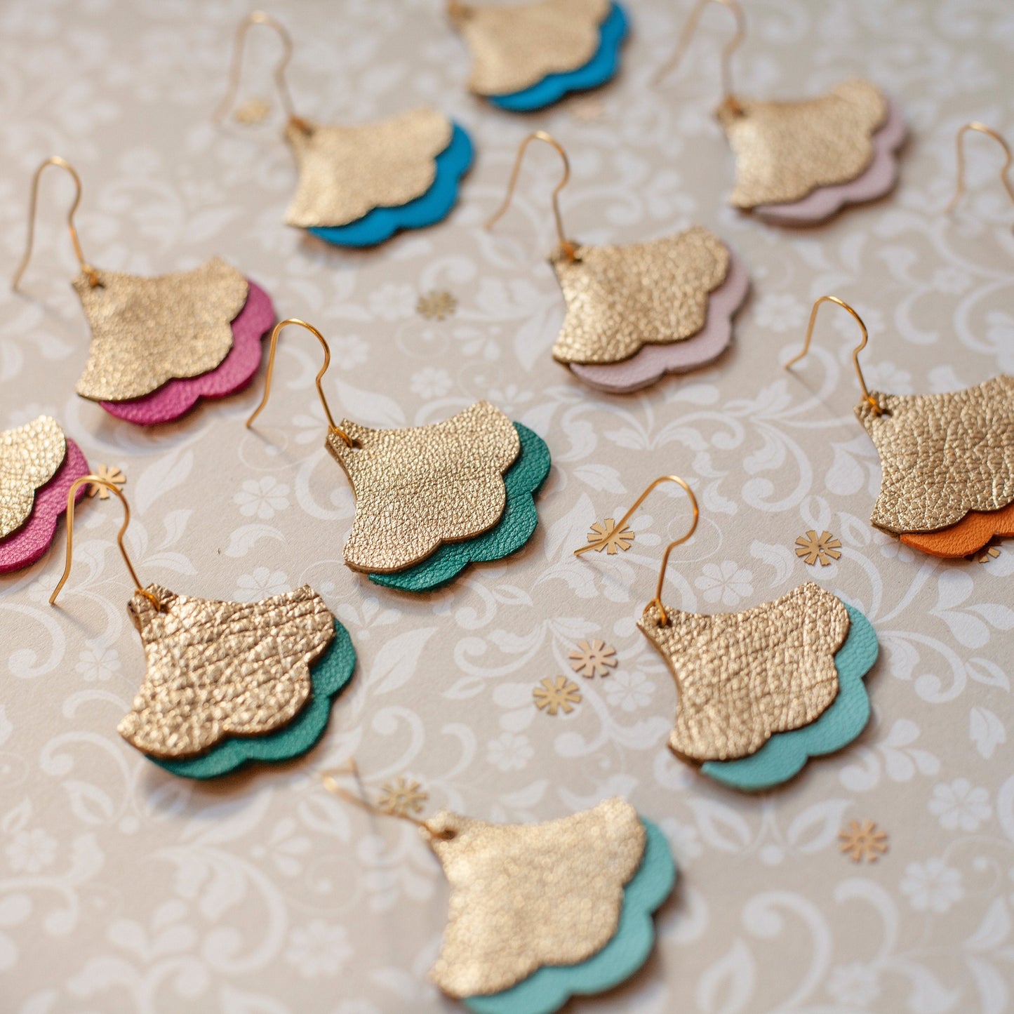 Ginkgo Biloba earrings in sky blue and gold leather