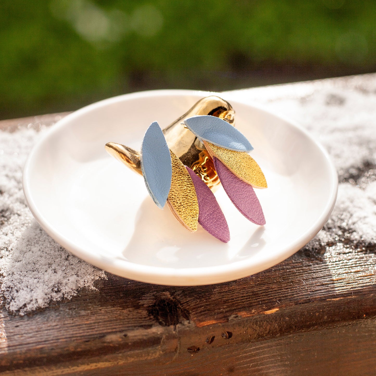 Gold blue and mauve leather stud earrings